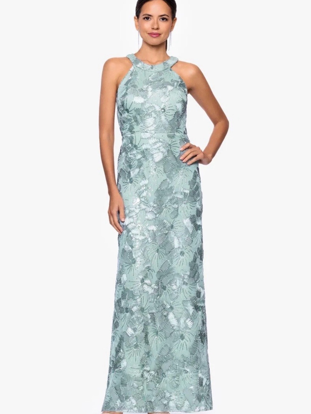 New BETSY AND ADAM "FABIANA" HALTER NECK SOUTACHE AND SEQUIN DRESS  Sage Sz 10